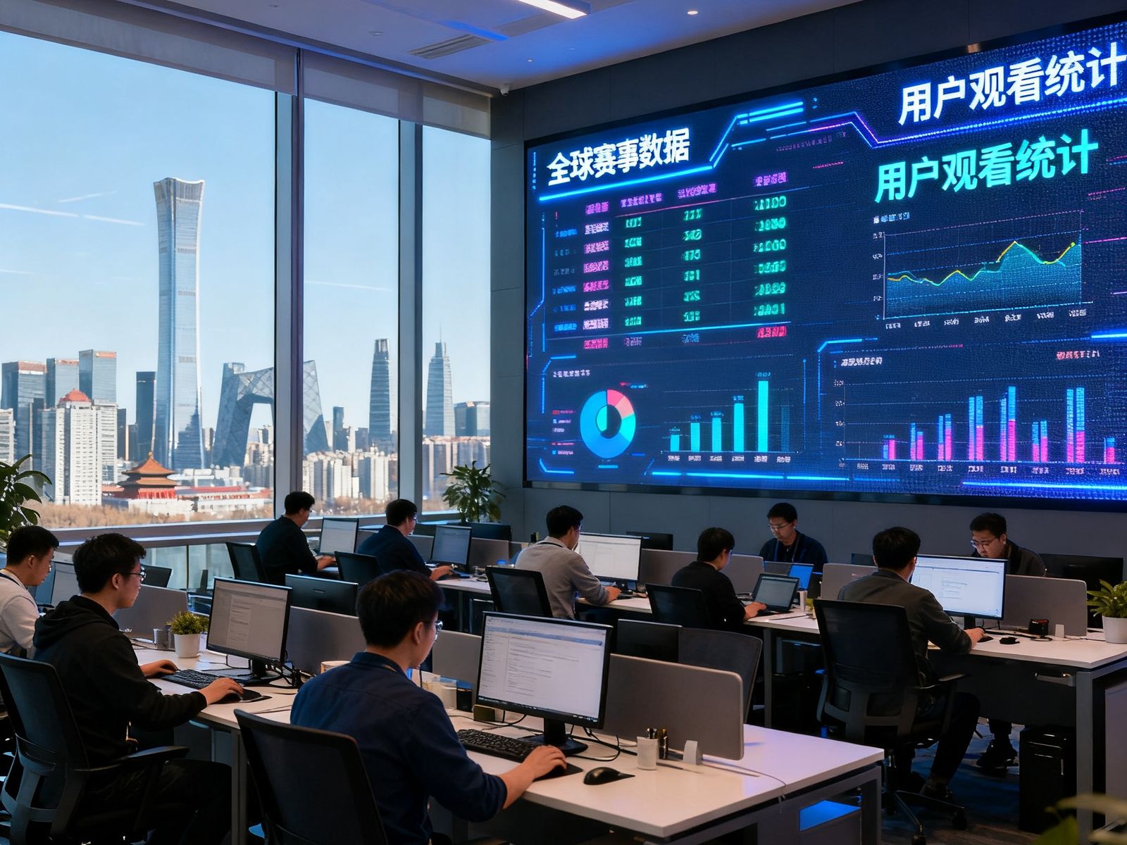 MK体育北京望京总部办公场景，开放式办公区内数十名工程师专注工作，墙壁上巨大LED屏幕实时滚动全球赛事数据和用户观看统计，窗外可见北京天际线