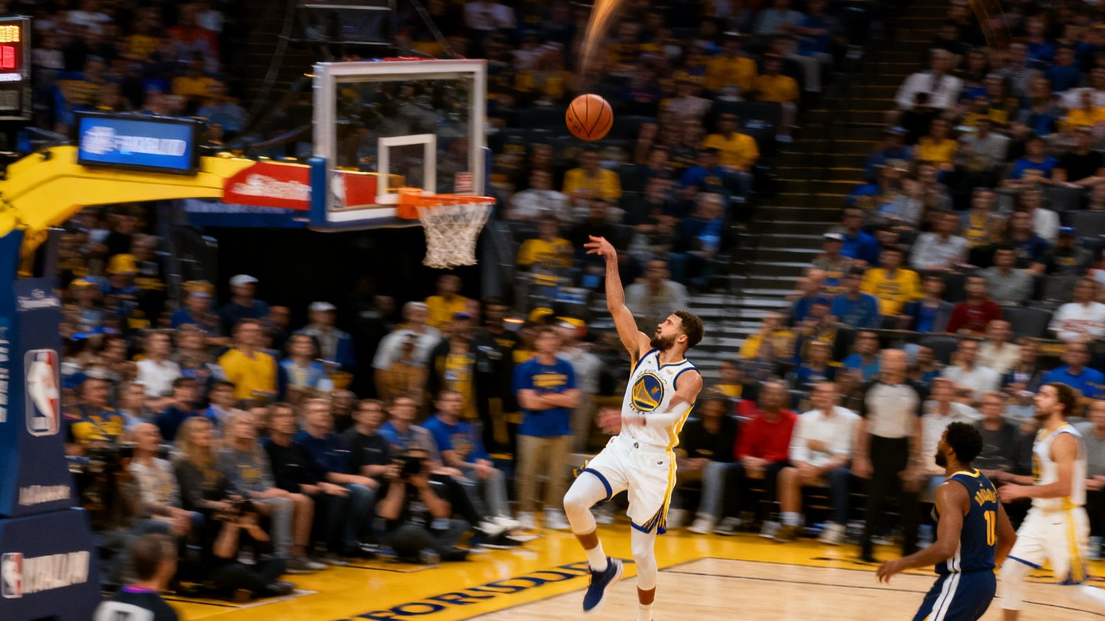 NBA季后赛压哨三分瞬间，球员在三分线外急停跳投，计时器显示仅剩0.3秒，篮球在空中画出高弧线，全场观众起立注视