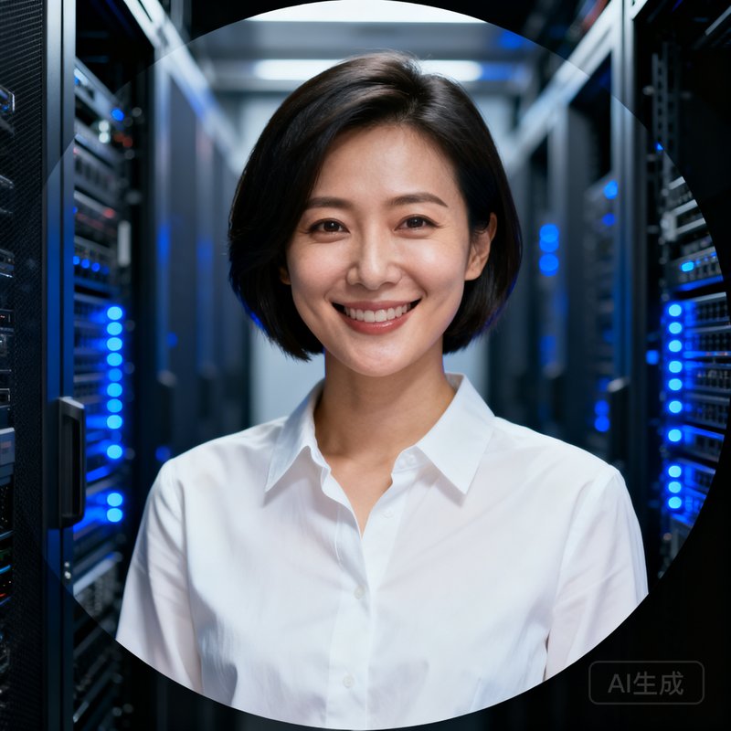 MK体育CTO李梦的圆形头像，一位干练的短发女性，面带微笑，身穿白色衬衫，背景是排列整齐的服务器机柜和蓝色指示灯